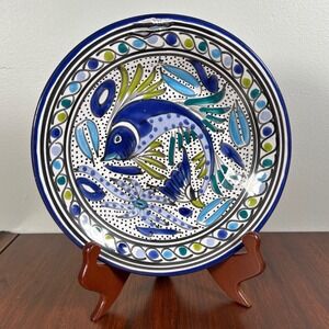 Le Souk Mediterranean Fish Salad Soup Bowl Ceramic Blue White Folk Art Safi